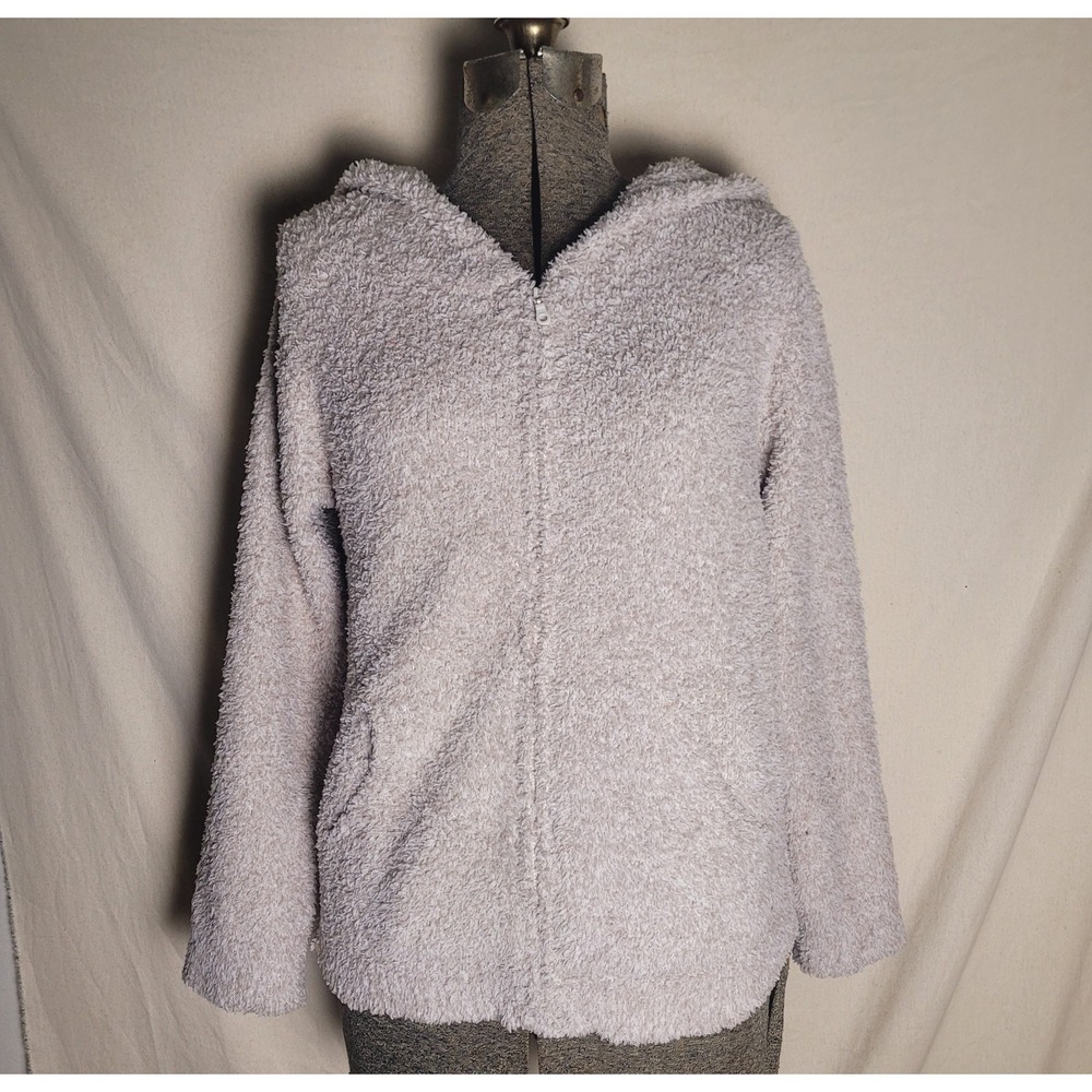 Barefoot Dreams CozyChic Teddy Zip‎ Up Hoodie Large Beige Neutral Soft Warm